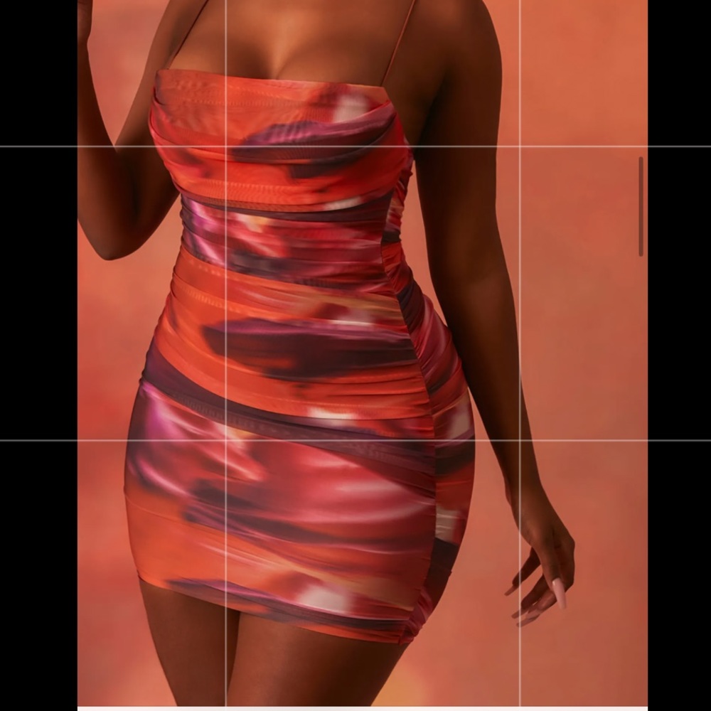 Lunar Sleeveless Bodycon Ruched Mesh Mini Dress in Orange